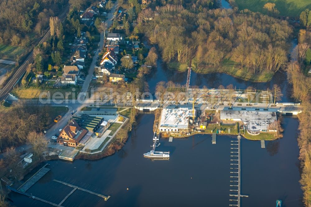 Haltern am See from above - Construction site for the new building of Bootshausgesellschaft Strandallee GmbH & CO. KG on Stadtmuehlenbucht on lake Muehlenbach in Haltern am See in the state North Rhine-Westphalia, Germany