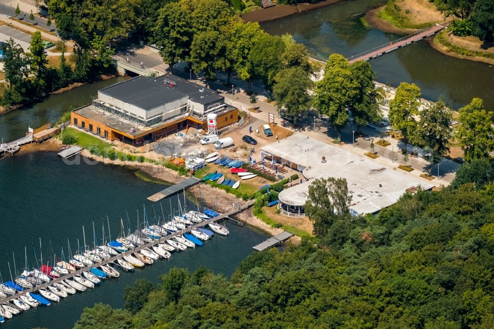 Haltern am See from above - Construction site for the new building of Bootshausgesellschaft Strandallee GmbH & CO. KG on Stadtmuehlenbucht on lake Muehlenbach in Haltern am See in the state North Rhine-Westphalia, Germany