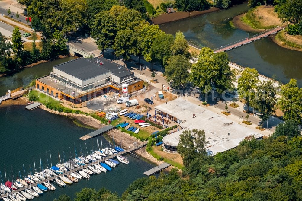 Haltern am See from the bird's eye view: Construction site for the new building of Bootshausgesellschaft Strandallee GmbH & CO. KG on Stadtmuehlenbucht on lake Muehlenbach in Haltern am See in the state North Rhine-Westphalia, Germany