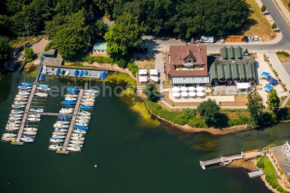 Aerial image Haltern am See - Construction site for the new building of Bootshausgesellschaft Strandallee GmbH & CO. KG on Stadtmuehlenbucht on lake Muehlenbach in Haltern am See in the state North Rhine-Westphalia, Germany