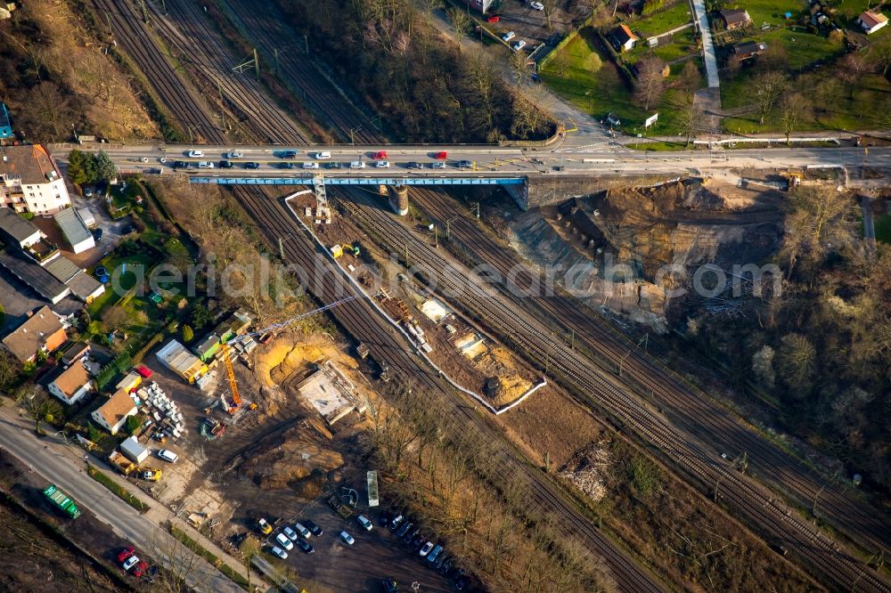 Aerial photograph Bochum - Construction to rebuild the road bridge structure of the road Buselohstrasse above the rails of the Deutsche Bahn AG in Bochum in the state North Rhine-Westphalia