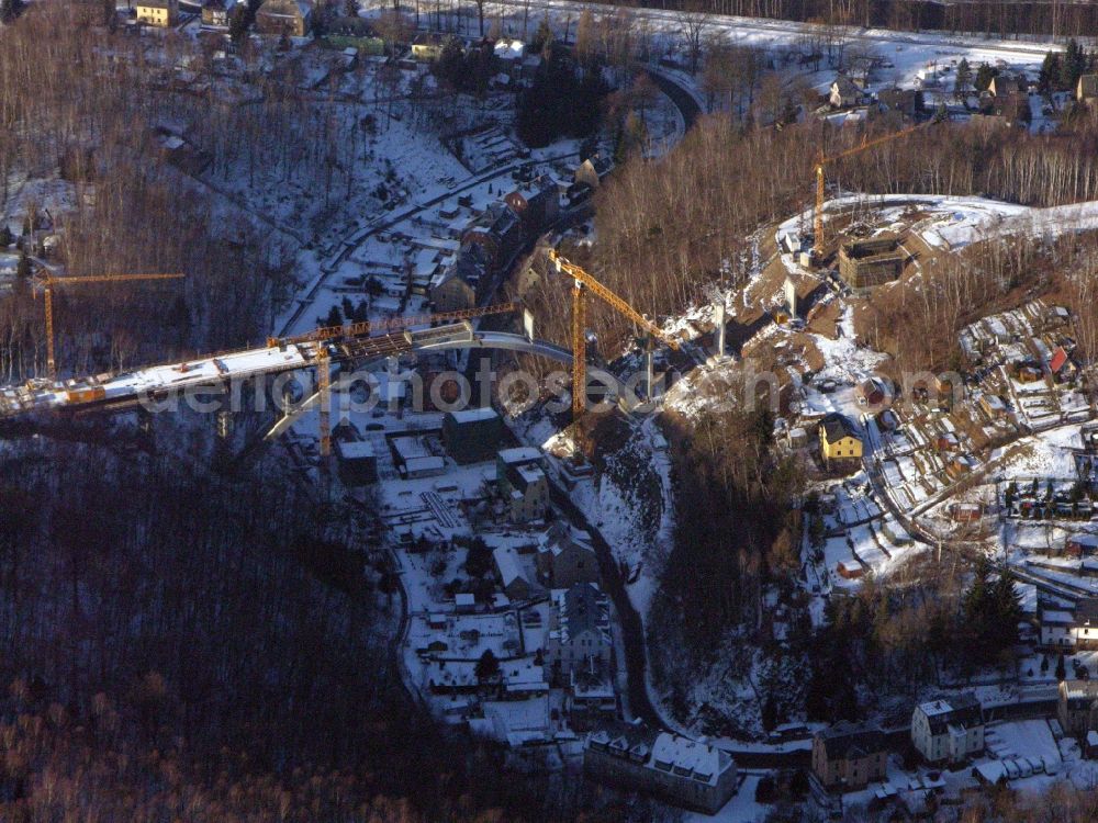 Aue from the bird's eye view: New construction of the bridge structure of the Chemnitzer Strasse in Aue in the state Saxony, Germany