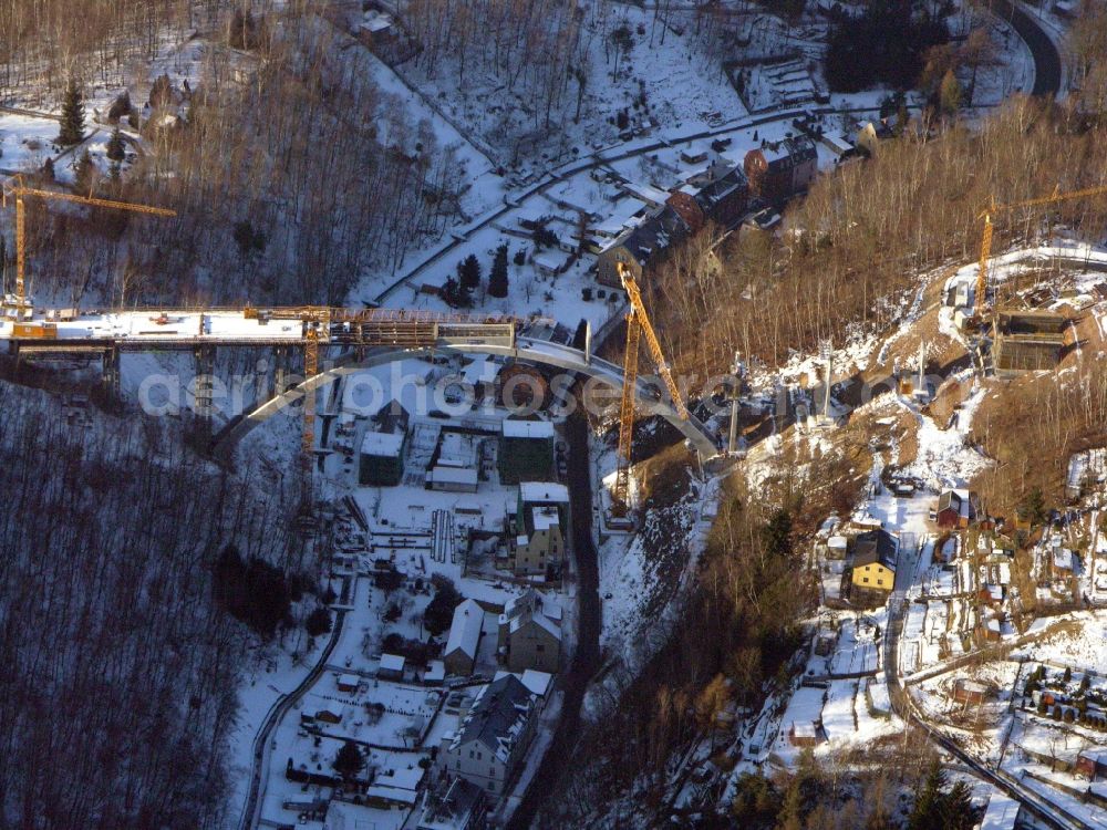 Aue from the bird's eye view: New construction of the bridge structure of the Chemnitzer Strasse in Aue in the state Saxony, Germany