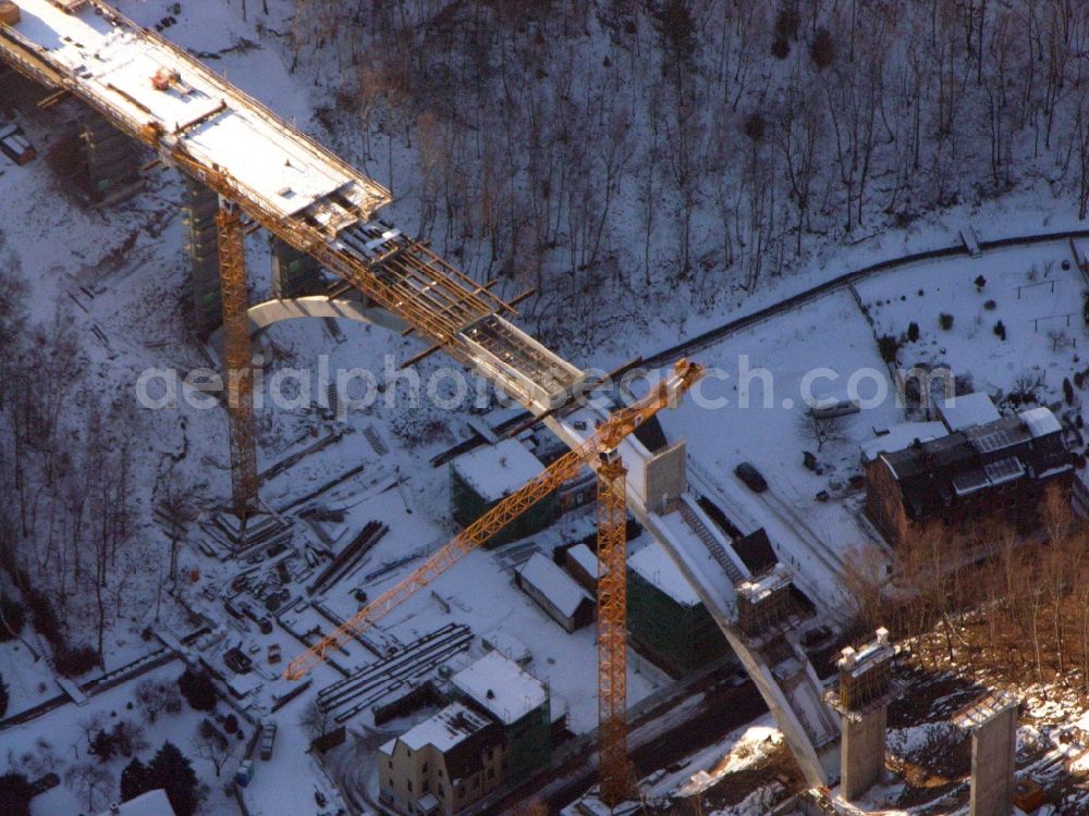 Aue from above - New construction of the bridge structure of the Chemnitzer Strasse in Aue in the state Saxony, Germany