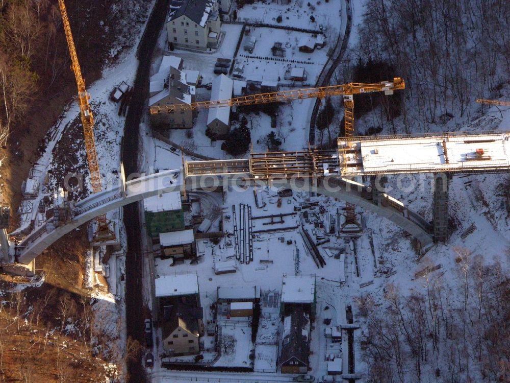 Aue from above - New construction of the bridge structure of the Chemnitzer Strasse in Aue in the state Saxony, Germany