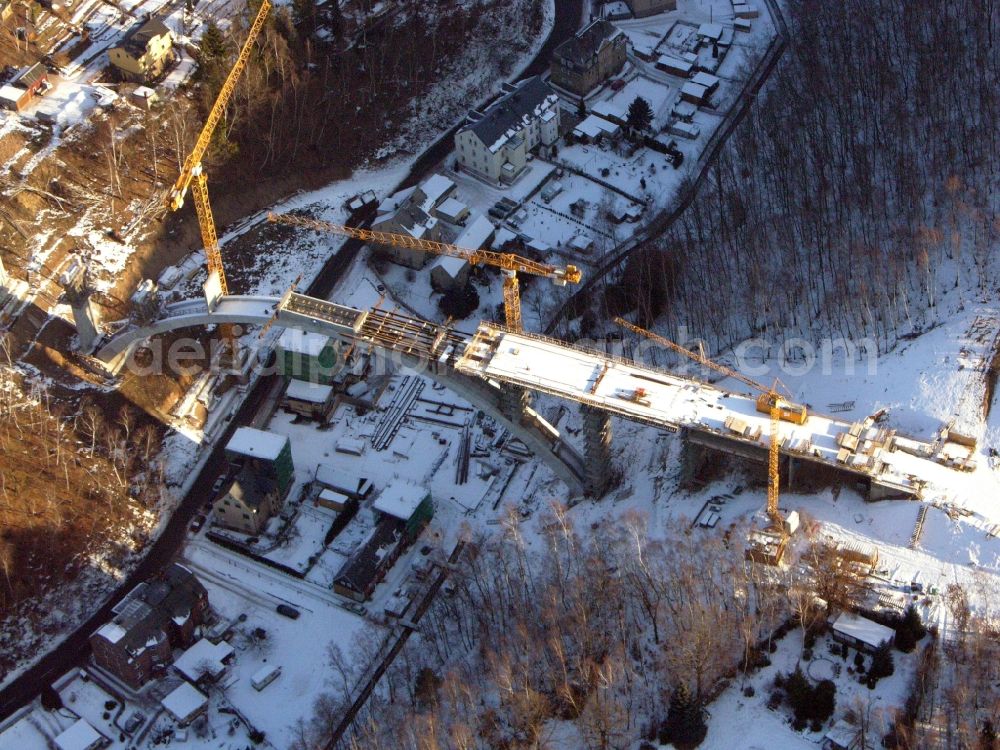 Aue from the bird's eye view: New construction of the bridge structure of the Chemnitzer Strasse in Aue in the state Saxony, Germany