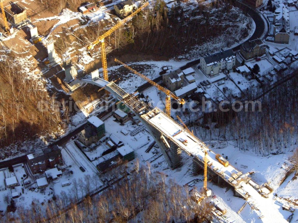 Aerial image Aue - New construction of the bridge structure of the Chemnitzer Strasse in Aue in the state Saxony, Germany