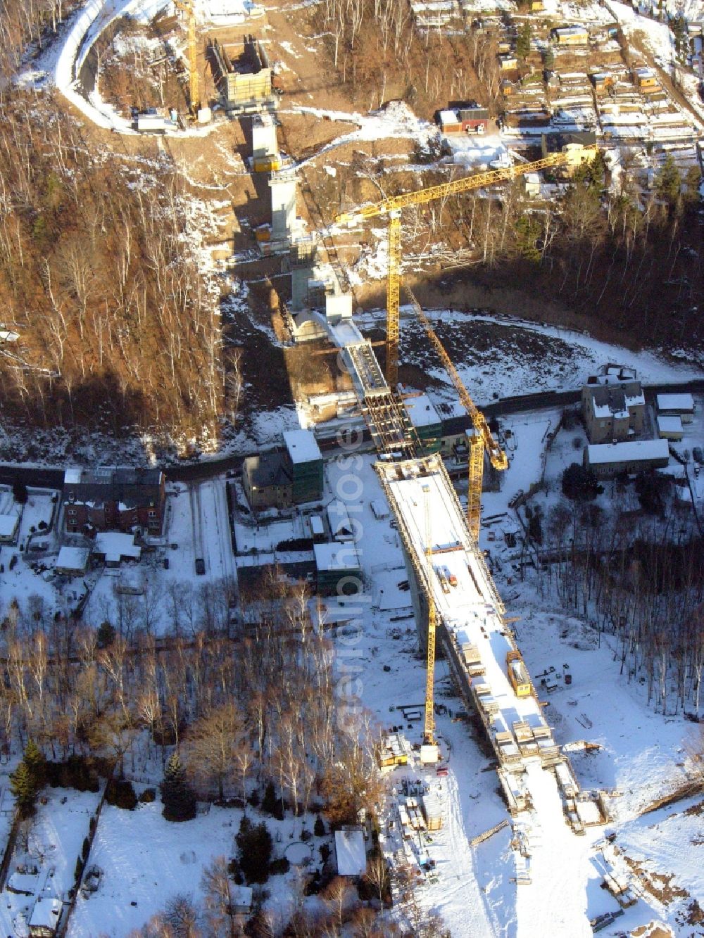 Aerial photograph Aue - New construction of the bridge structure of the Chemnitzer Strasse in Aue in the state Saxony, Germany