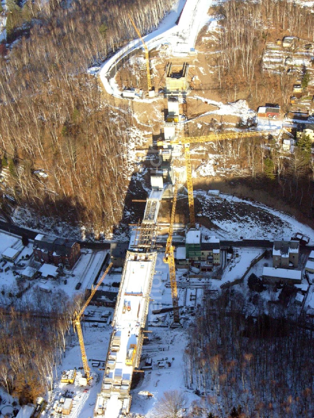 Aue from above - New construction of the bridge structure of the Chemnitzer Strasse in Aue in the state Saxony, Germany