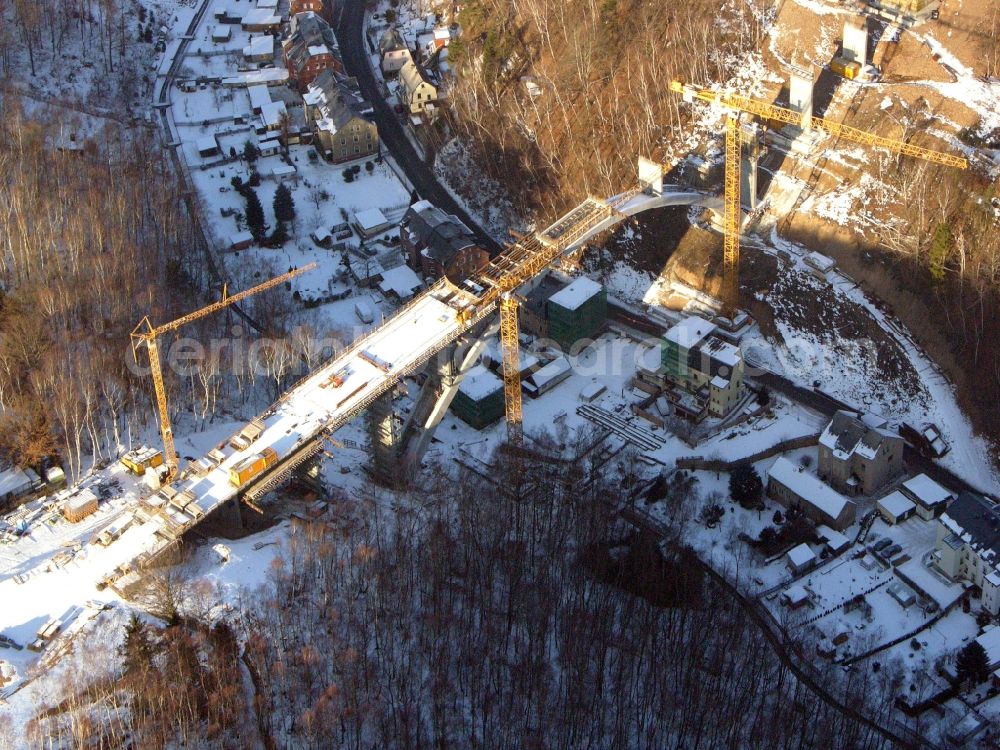 Aue from the bird's eye view: New construction of the bridge structure of the Chemnitzer Strasse in Aue in the state Saxony, Germany