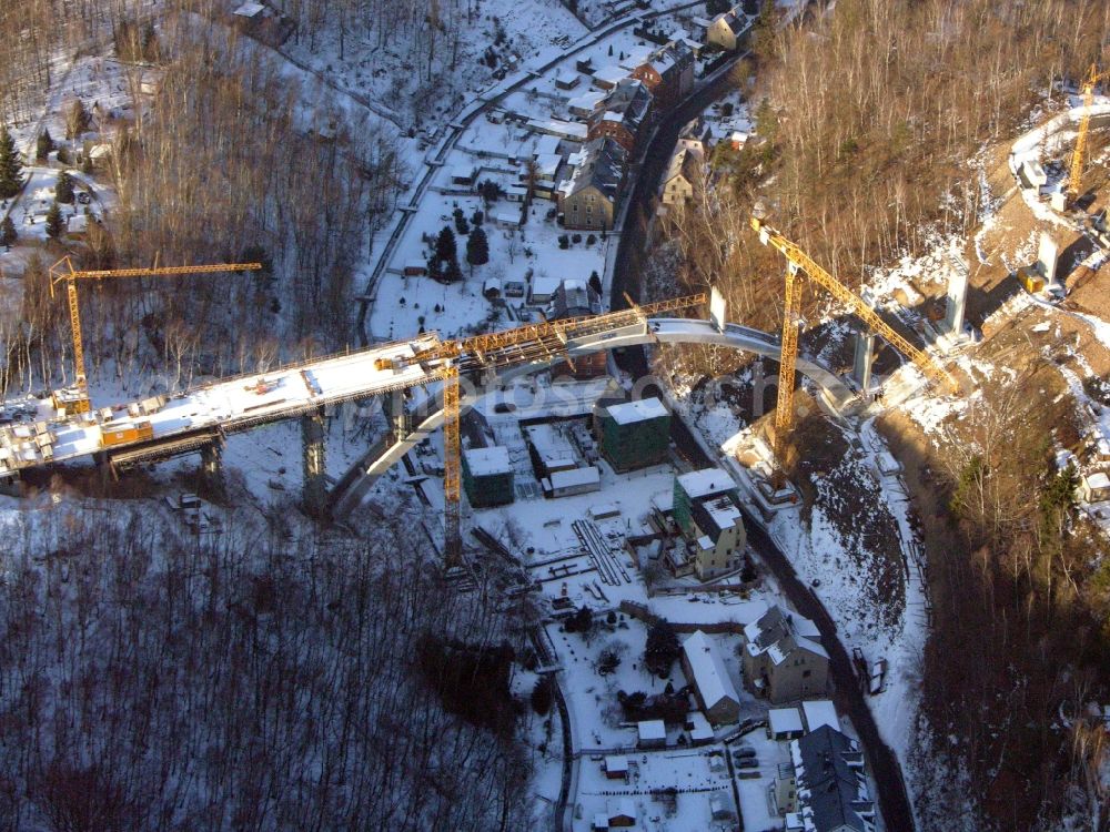 Aerial image Aue - New construction of the bridge structure of the Chemnitzer Strasse in Aue in the state Saxony, Germany