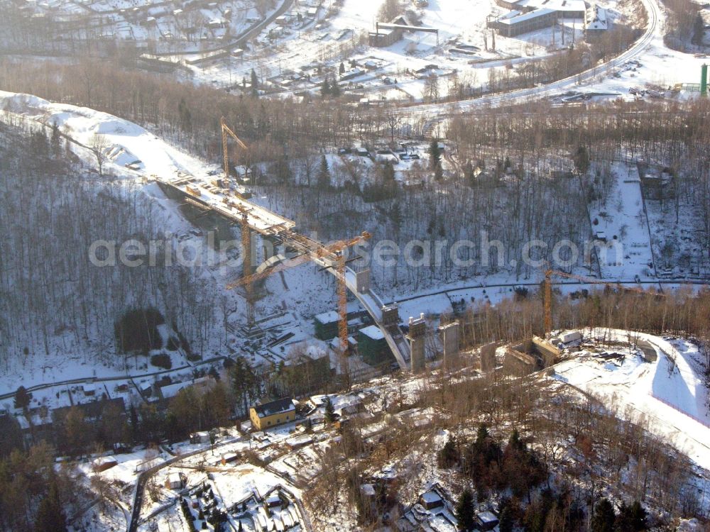 Aerial photograph Aue - New construction of the bridge structure of the Chemnitzer Strasse in Aue in the state Saxony, Germany