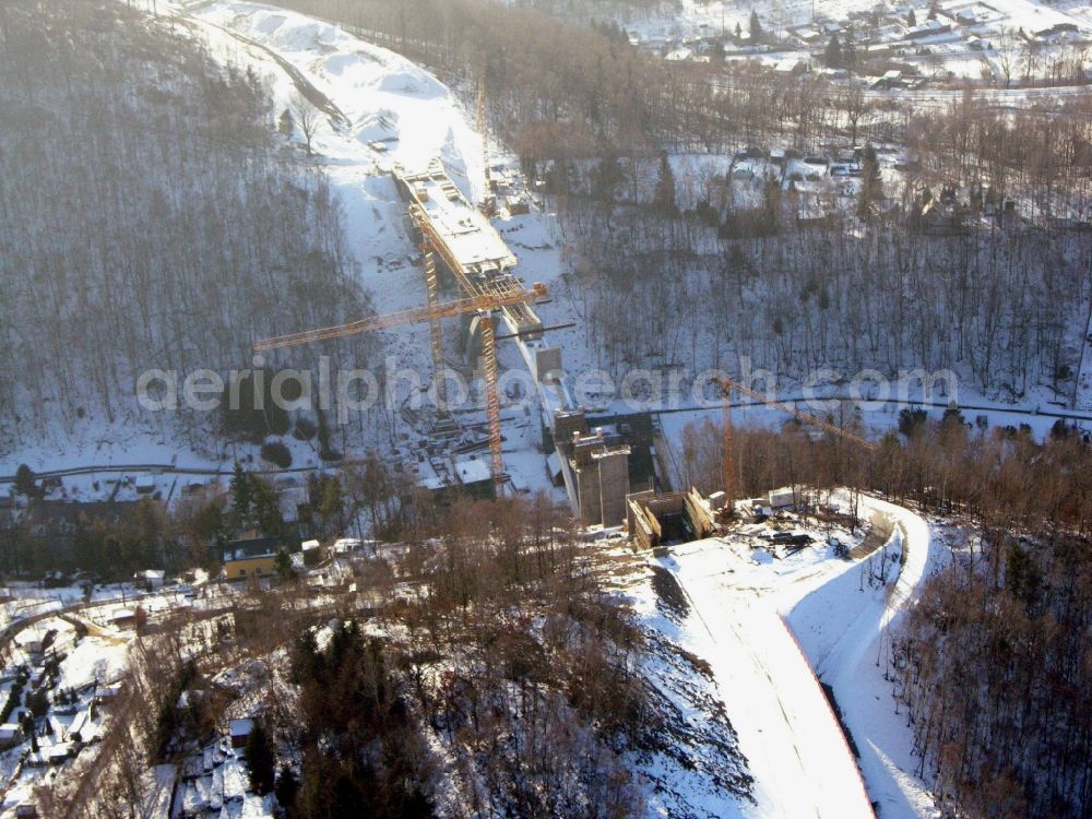 Aue from above - New construction of the bridge structure of the Chemnitzer Strasse in Aue in the state Saxony, Germany