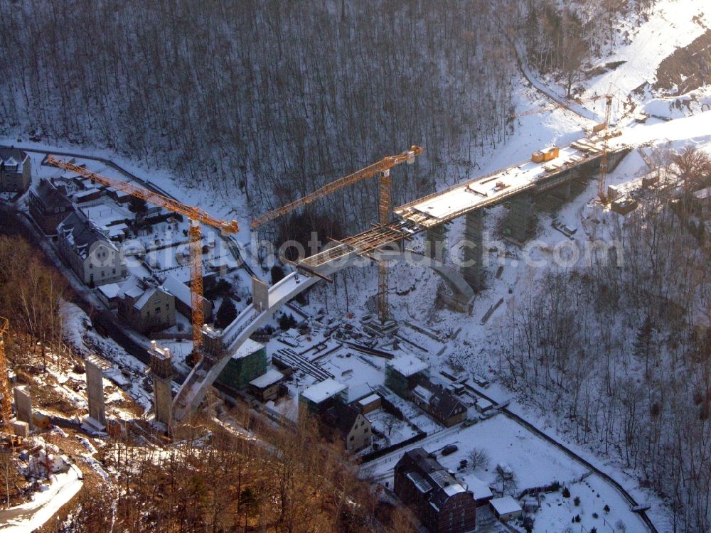 Aue from the bird's eye view: New construction of the bridge structure of the Chemnitzer Strasse in Aue in the state Saxony, Germany