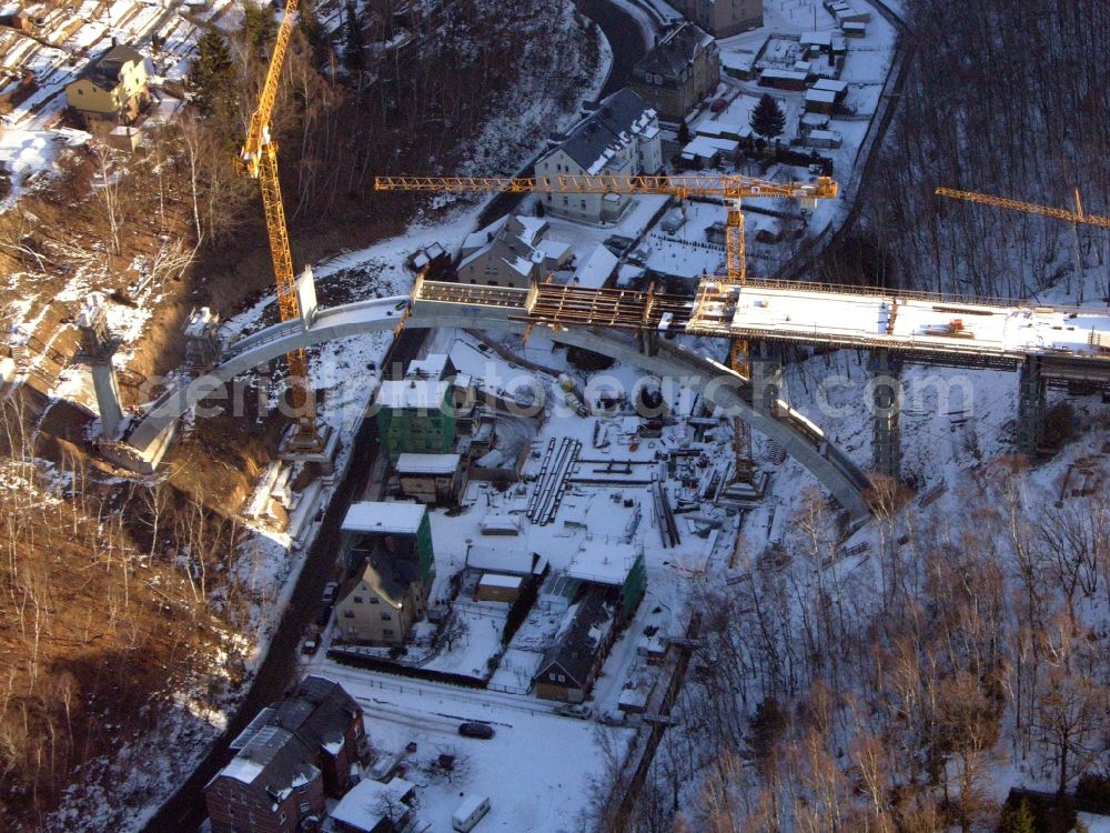 Aerial photograph Aue - New construction of the bridge structure of the Chemnitzer Strasse in Aue in the state Saxony, Germany