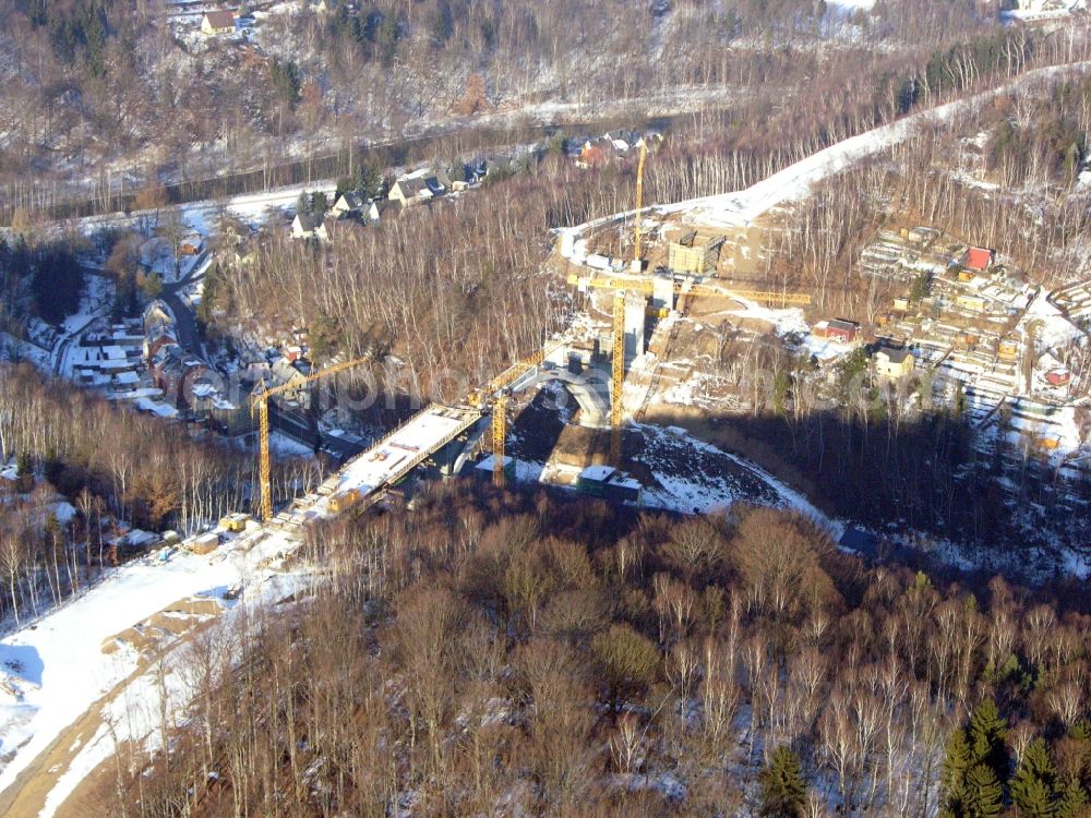 Aue from above - New construction of the bridge structure of the Chemnitzer Strasse in Aue in the state Saxony, Germany