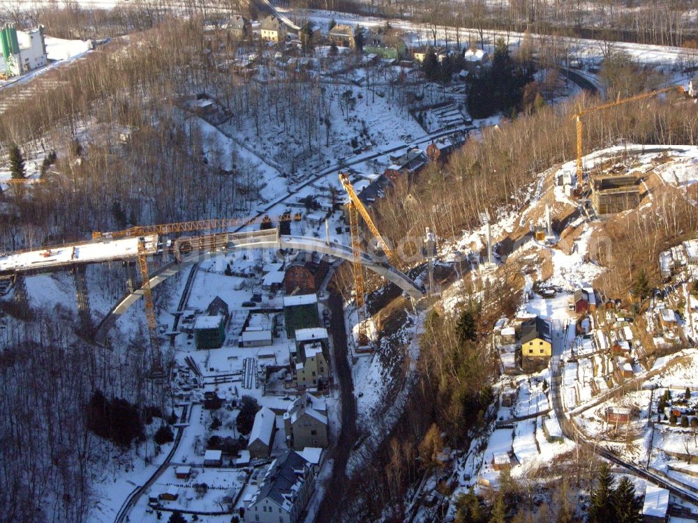 Aue from the bird's eye view: New construction of the bridge structure of the Chemnitzer Strasse in Aue in the state Saxony, Germany