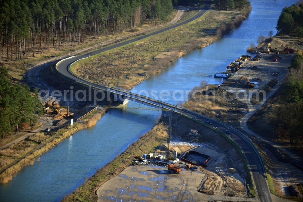 Eberswalde from the bird's eye view: Construction site to build a new bridge building along the main road L 291 on the Finowkanal - Havel-Oder Waterway in Eberswalde in Brandenburg