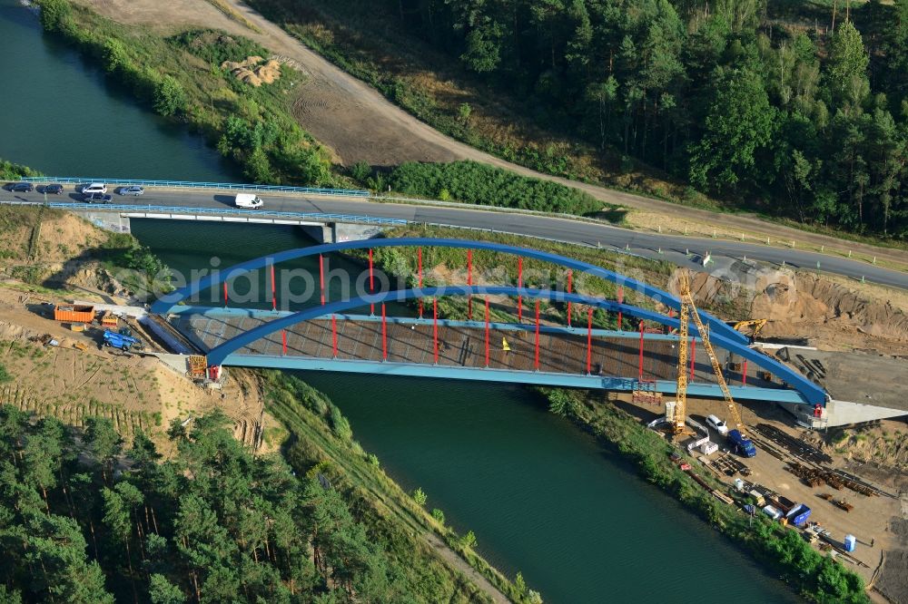 Aerial photograph Eberswalde - Construction site to build a new bridge building along the main road L291 on the Finowkanal - Havel-Oder Waterway in Eberswalde in Brandenburg