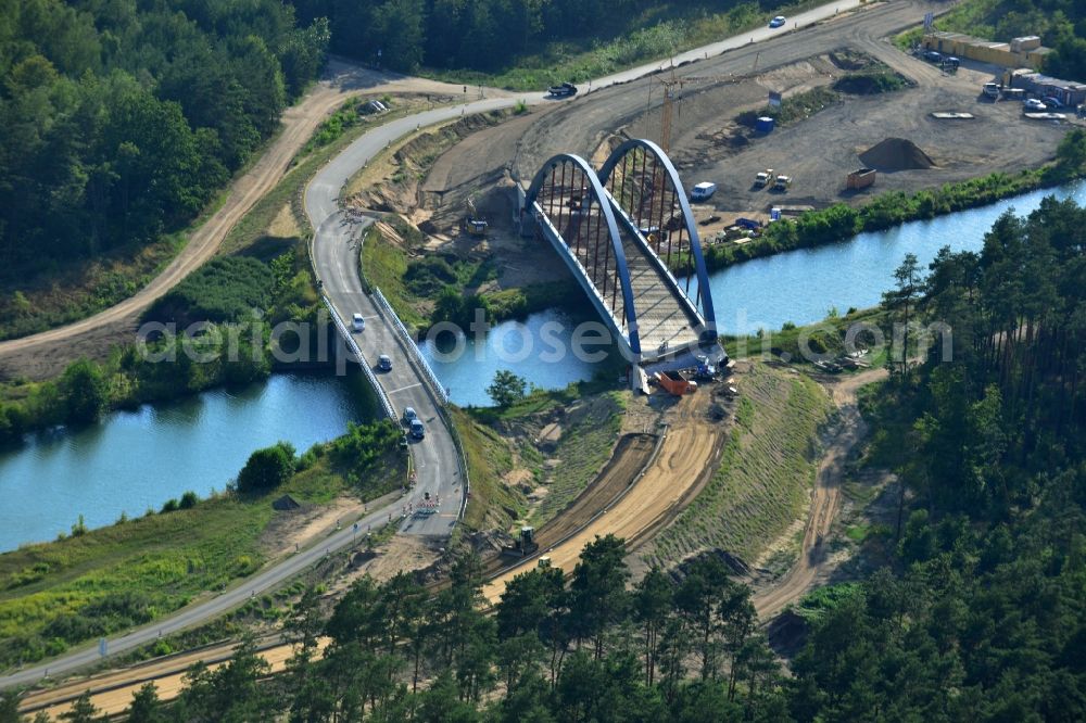 Aerial photograph Eberswalde - Construction site to build a new bridge building along the main road L291 on the Finowkanal - Havel-Oder Waterway in Eberswalde in Brandenburg