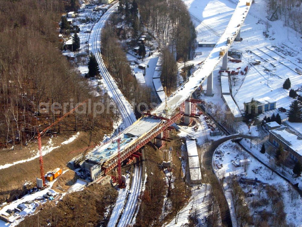 Aue from above - New construction of the bridge structure of the Chemnitzer Strasse in Aue in the state Saxony, Germany