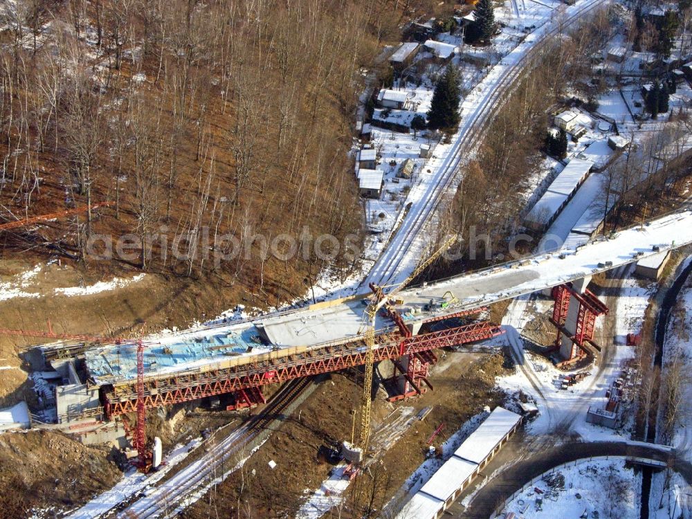 Aue from the bird's eye view: New construction of the bridge structure of the Chemnitzer Strasse in Aue in the state Saxony, Germany