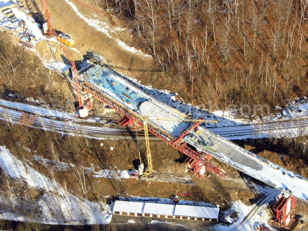 Aerial photograph Aue - New construction of the bridge structure of the Chemnitzer Strasse in Aue in the state Saxony, Germany