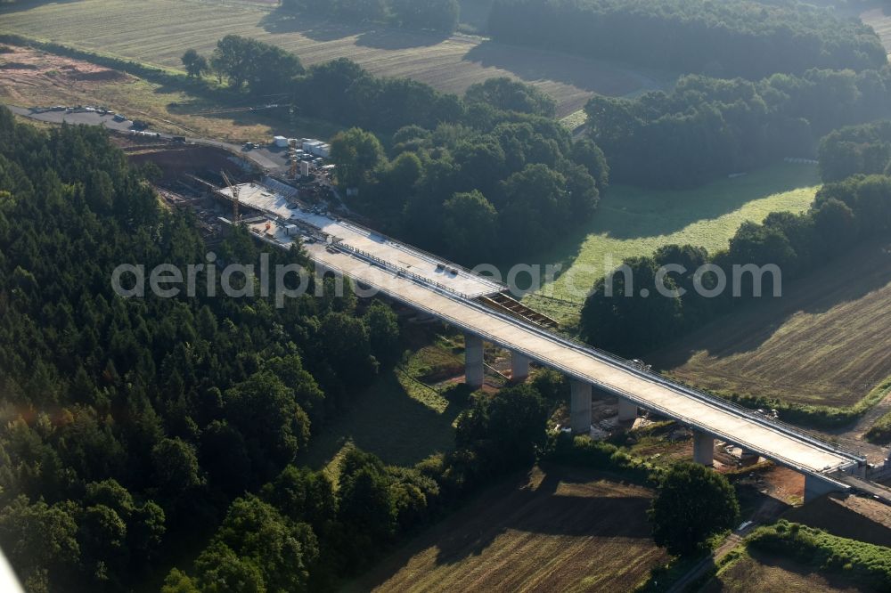 Rommershausen from above - New construction of the bridge structure of BAB A 49 in Rommershausen in the state Hesse, Germany