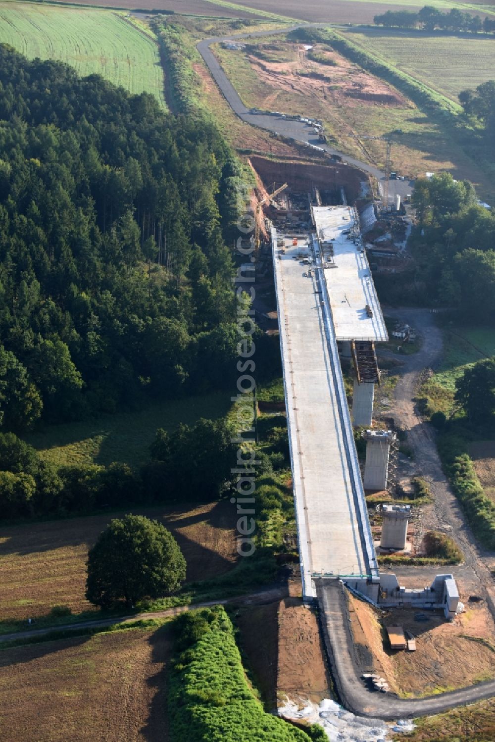 Rommershausen from the bird's eye view: New construction of the bridge structure of BAB A 49 in Rommershausen in the state Hesse, Germany