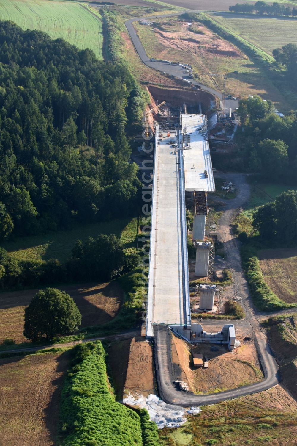 Aerial image Rommershausen - New construction of the bridge structure of BAB A 49 in Rommershausen in the state Hesse, Germany