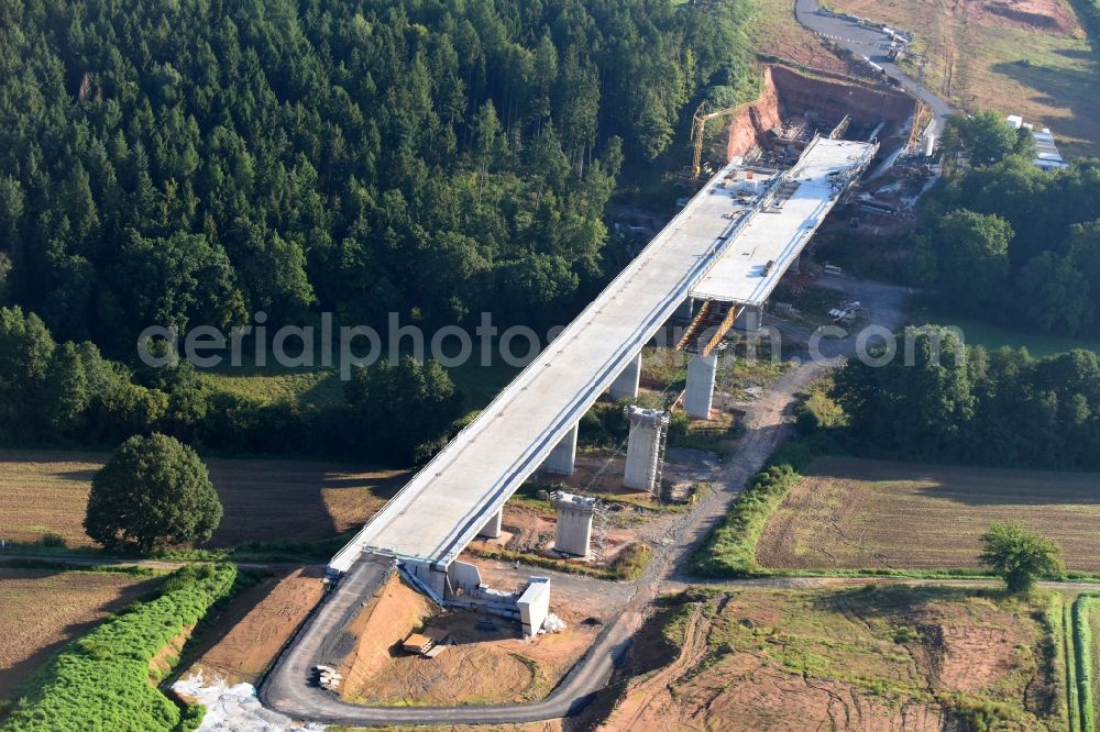 Rommershausen from above - New construction of the bridge structure of BAB A 49 in Rommershausen in the state Hesse, Germany