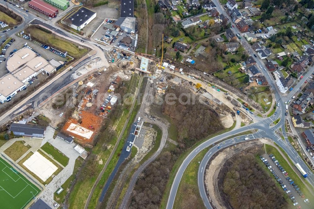 Aerial photograph Oberhausen - New construction of the bridge structure over the river Hauptkanal on Erlenstrasse at the motorway junction of the BAB A3 in the district Weierheide in Oberhausen at Ruhrgebiet in the state North Rhine-Westphalia, Germany