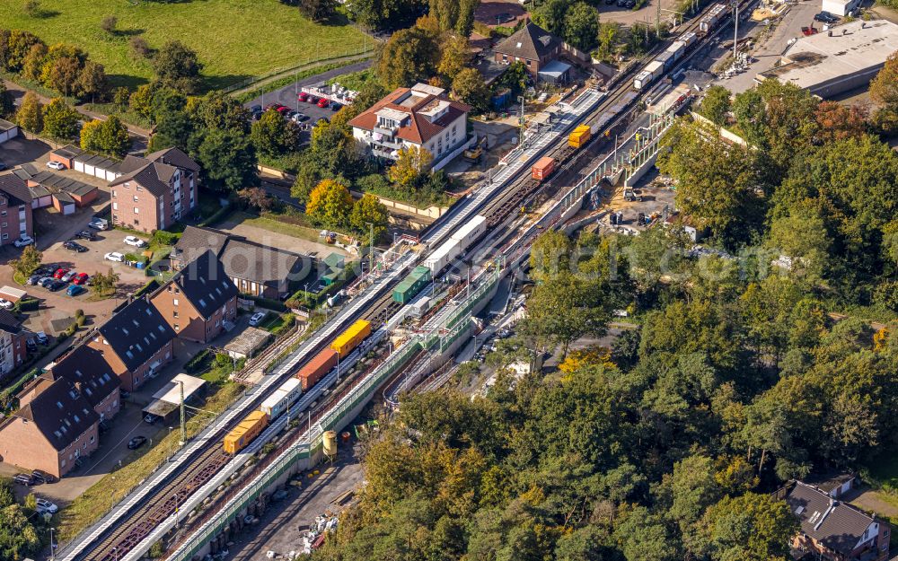 Voerde (Niederrhein) from above - new construction of the bridge structure about the Steinstrasse in Voerde (Niederrhein) at Ruhrgebiet in the state North Rhine-Westphalia, Germany