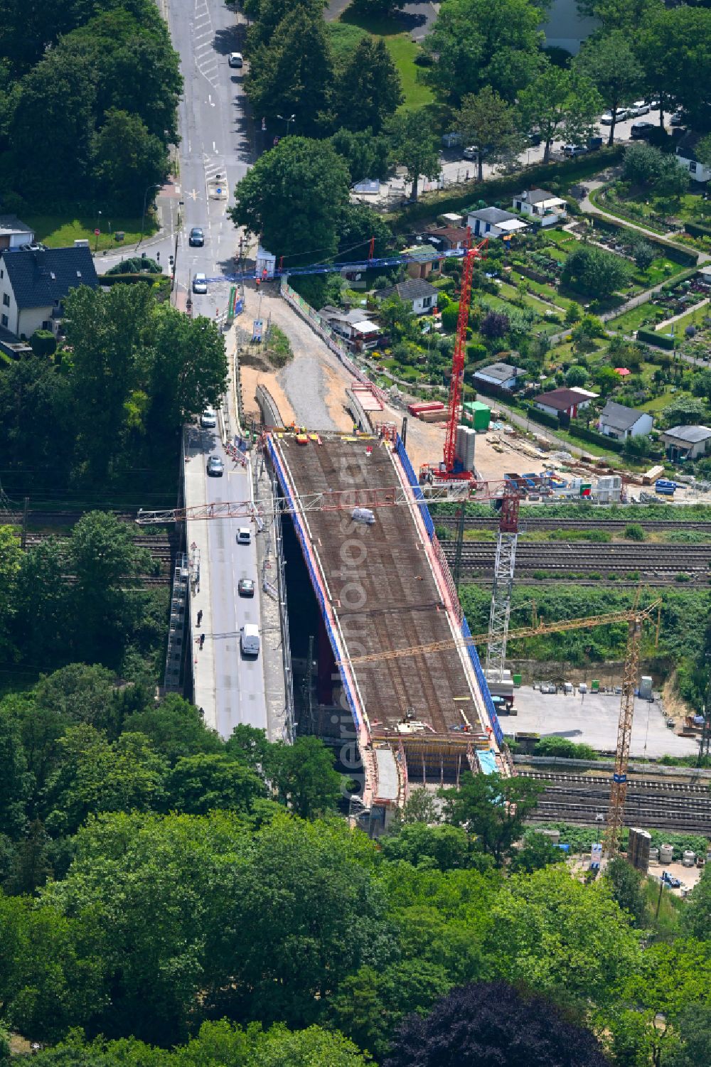 Bochum from above - New construction of the bridge structure on street Buselohstrasse in Bochum at Ruhrgebiet in the state North Rhine-Westphalia, Germany