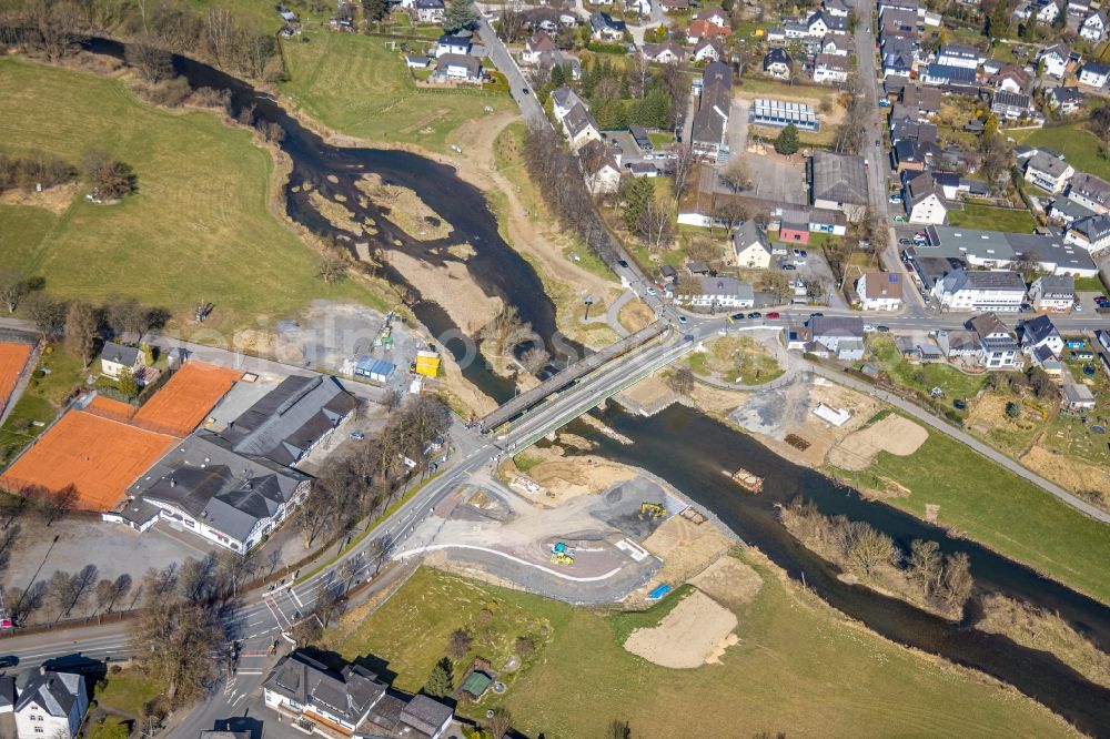 Aerial image Oeventrop - New construction of the bridge structure Dinscheder Bruecke over the Ruhr river in Oeventrop at Sauerland in the state North Rhine-Westphalia, Germany