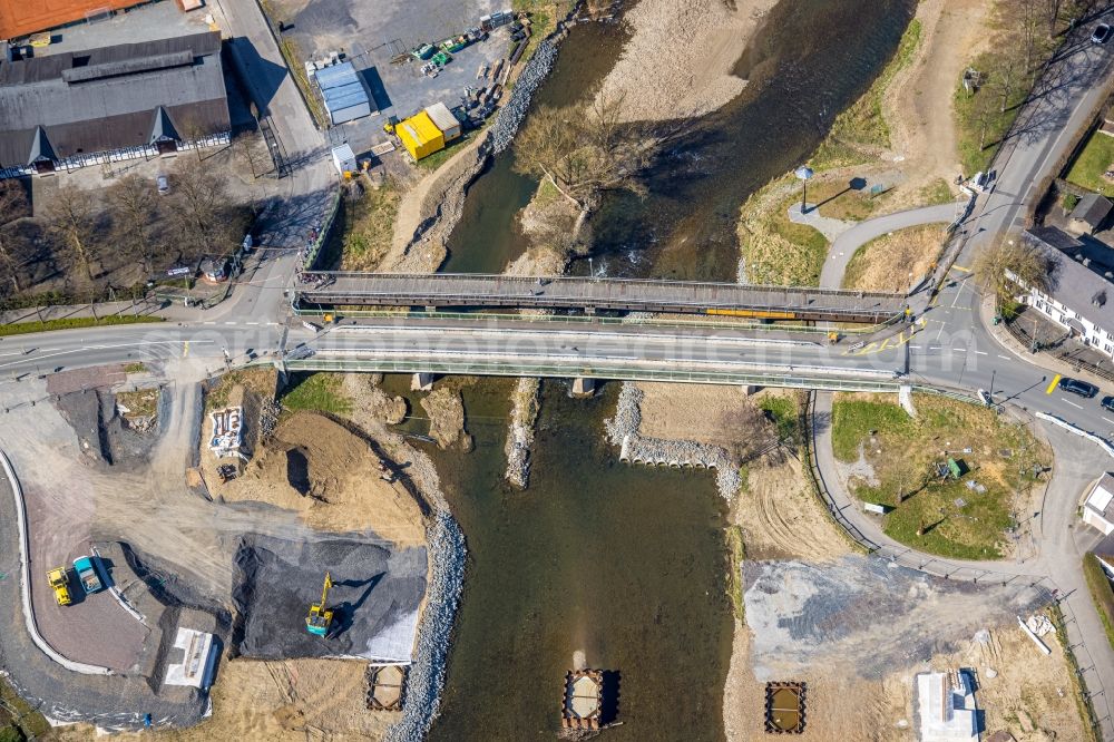 Aerial photograph Oeventrop - New construction of the bridge structure Dinscheder Bruecke over the Ruhr river in Oeventrop at Sauerland in the state North Rhine-Westphalia, Germany