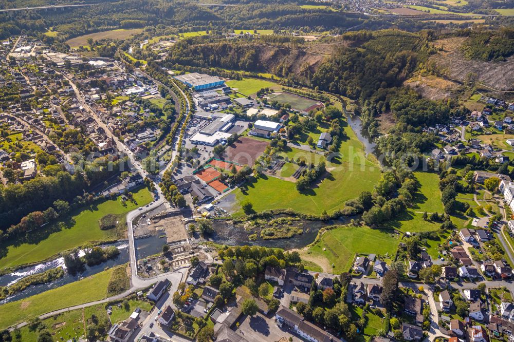 Oeventrop from above - New construction of the bridge structure Dinscheder Bruecke over the Ruhr river in Oeventrop at Sauerland in the state North Rhine-Westphalia, Germany