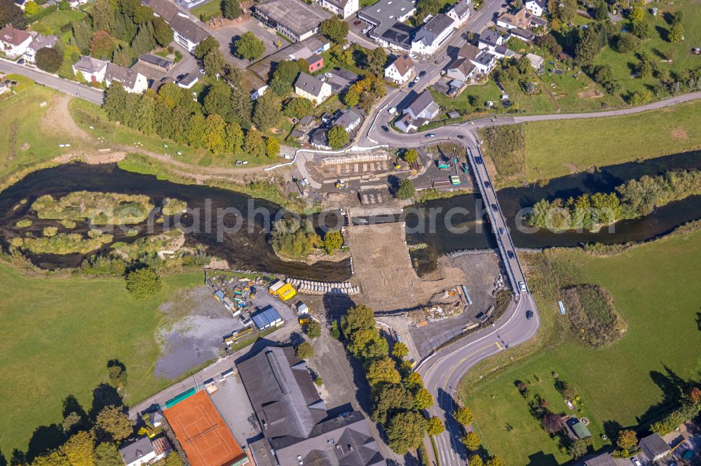 Aerial photograph Oeventrop - New construction of the bridge structure Dinscheder Bruecke over the Ruhr river in Oeventrop at Sauerland in the state North Rhine-Westphalia, Germany