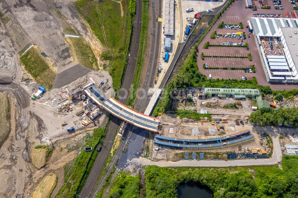 Dortmund from above - Construction site for the new bridge structure Hildabruecke and construction of the northern link on Hildastrasse - Hoeschallee in the district of Westfalenhuette in Dortmund in the Ruhr area in the federal state of North Rhine-Westphalia, Germany