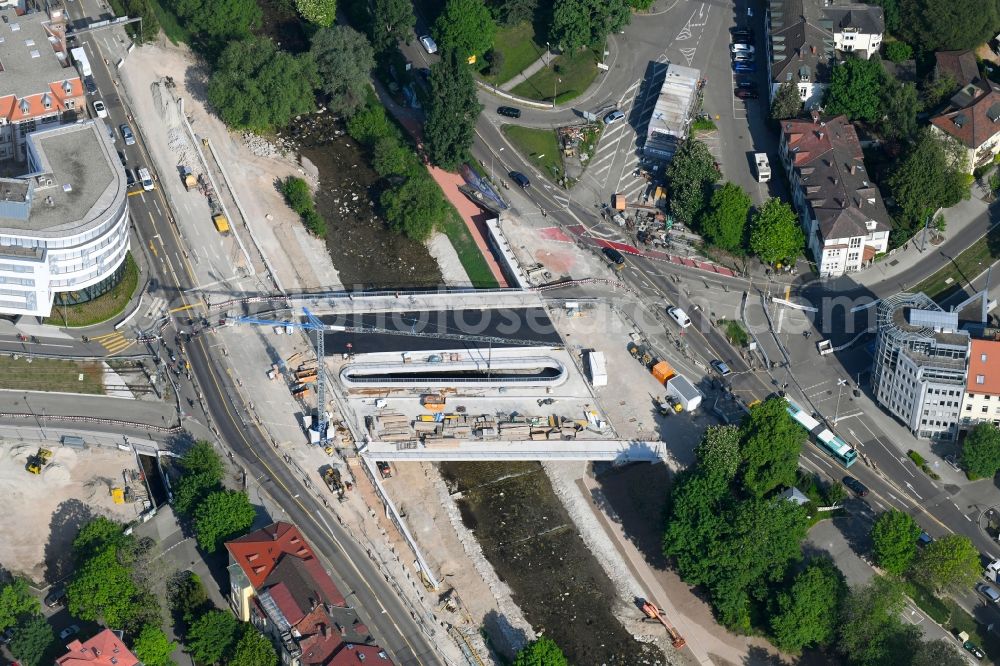 Aerial photograph Freiburg im Breisgau - New construction of the bridge structure of Kronenbruecke on Kronenstrasse in Freiburg im Breisgau in the state Baden-Wuerttemberg, Germany