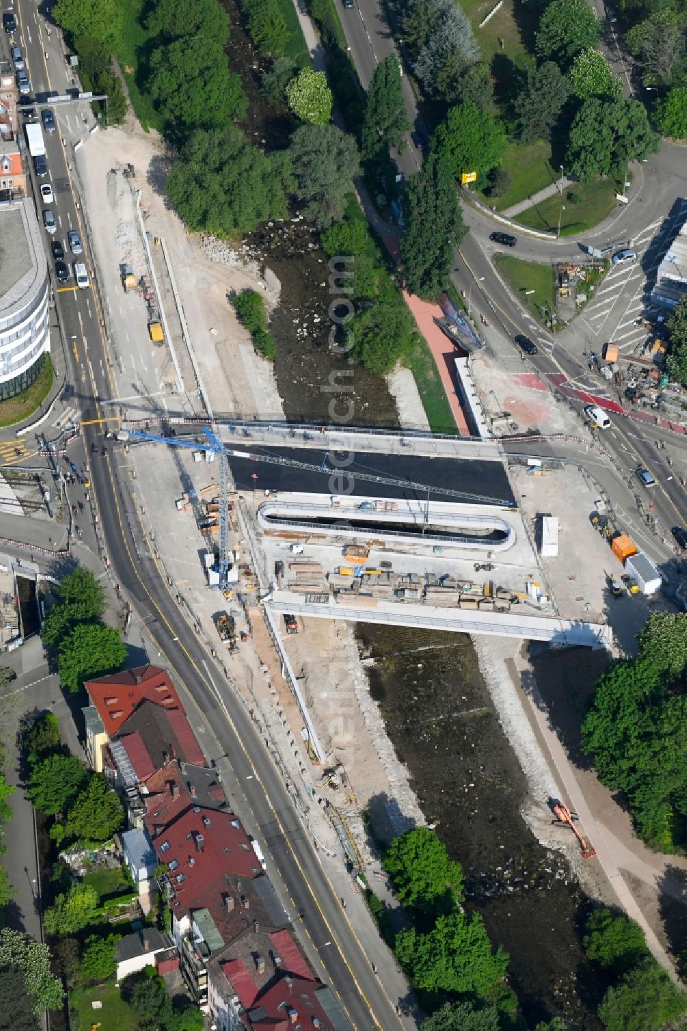 Freiburg im Breisgau from above - New construction of the bridge structure of Kronenbruecke on Kronenstrasse in Freiburg im Breisgau in the state Baden-Wuerttemberg, Germany