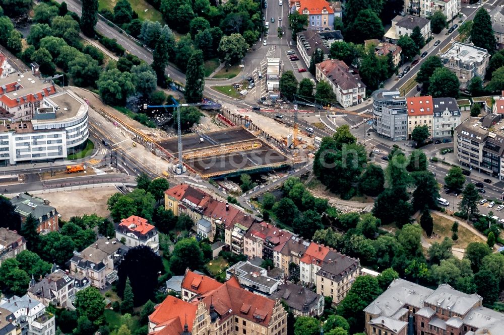 Freiburg im Breisgau from the bird's eye view: New construction of the bridge structure of Kronenbruecke on Kronenstrasse in Freiburg im Breisgau in the state Baden-Wurttemberg, Germany