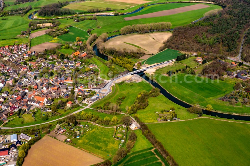 Ahsen from above - New construction of the bridge structure of Lippebruecke on street Eversumer Strasse in Ahsen in the state North Rhine-Westphalia, Germany