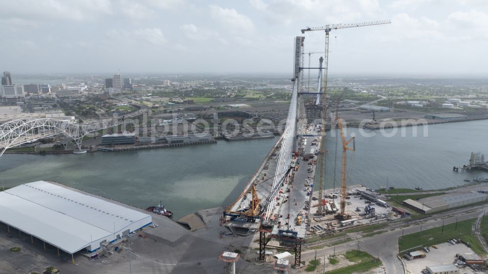 Corpus Christi from the bird's eye view: New construction of the bridge structure New Harbor Bridge or US 181 Harbor Bridge on street North Sam Rankin Street in Corpus Christi in Texas, United States of America