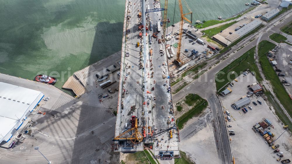 Aerial image Corpus Christi - New construction of the bridge structure New Harbor Bridge or US 181 Harbor Bridge on street North Sam Rankin Street in Corpus Christi in Texas, United States of America