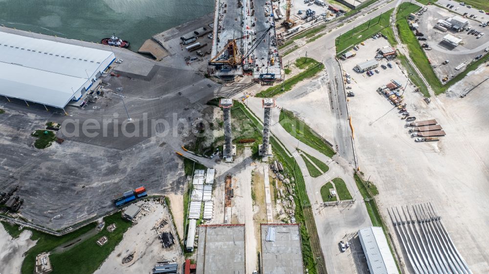 Corpus Christi from above - New construction of the bridge structure New Harbor Bridge or US 181 Harbor Bridge on street North Sam Rankin Street in Corpus Christi in Texas, United States of America