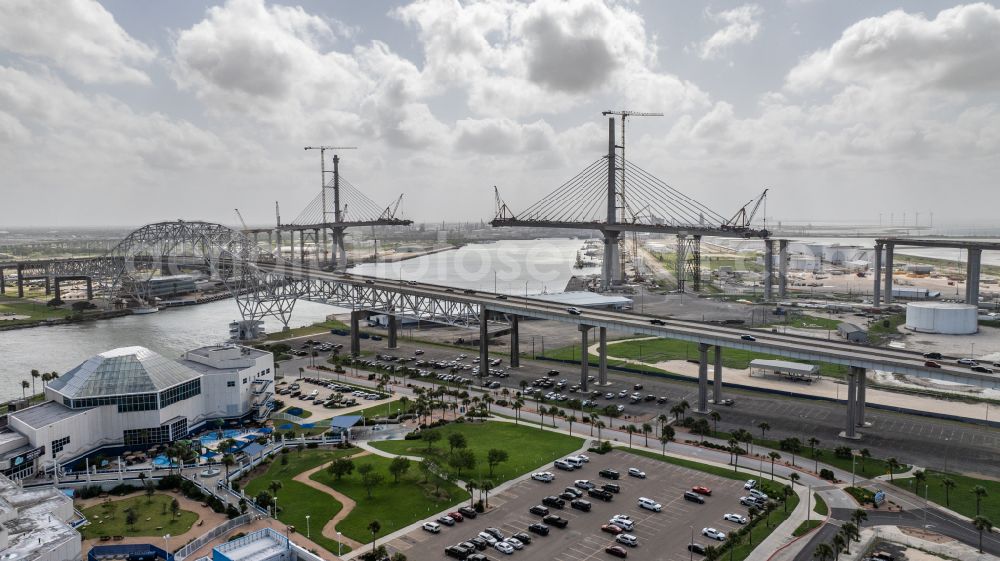 Aerial image Corpus Christi - New construction of the bridge structure New Harbor Bridge or US 181 Harbor Bridge on street North Sam Rankin Street in Corpus Christi in Texas, United States of America