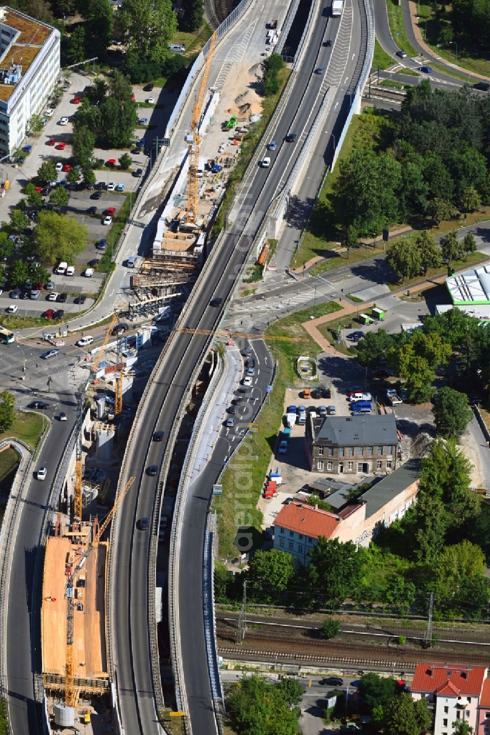 Potsdam from above - New construction of the bridge structure auf of Nuthestrasse in Potsdam in the state Brandenburg, Germany