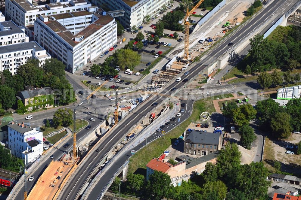 Aerial image Potsdam - New construction of the bridge structure auf of Nuthestrasse in Potsdam in the state Brandenburg, Germany