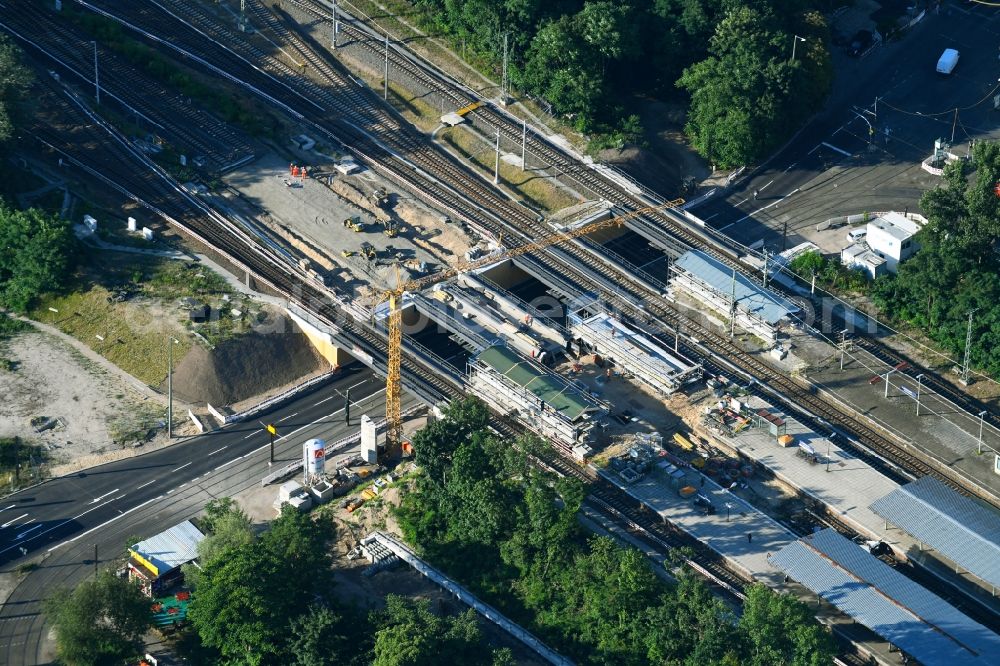 Berlin from the bird's eye view: New construction of the bridge structure on Sterndonm on S- Bahnhof in the district Schoeneweide in Berlin, Germany